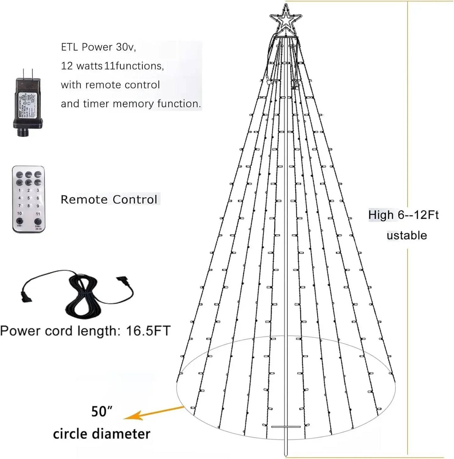 12Ft Outdoor Lighting Christmas Tree Lights Cone Tall Star Topped Artificial Christmas Trees Arbol de Navidad Outside Decor