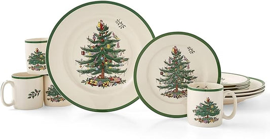 Christmas Tree 12-Piece Dinnerware Set (Service for 4) - Festive Holiday Tableware Collection with Plates and Mugs - Fine Earthenware Christmas Dinnerware -