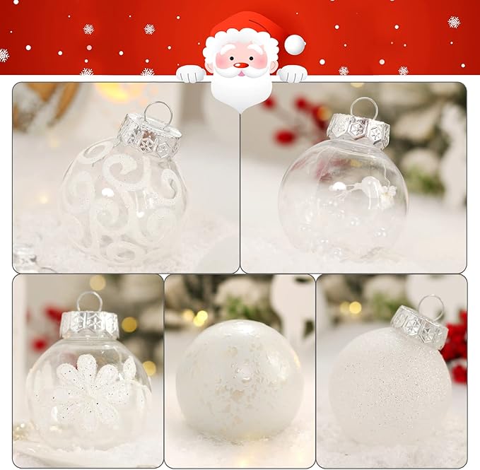 60mm/2.36inch Clear Christmas Ornaments, 30ct Shatterproof White Christmas Tree Ornaments Set Transparent Hanging Balls with Stuffed Decorations for Halloween