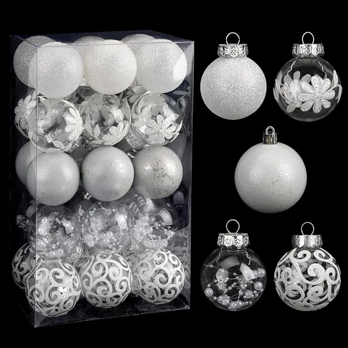 60mm/2.36inch Clear Christmas Ornaments, 30ct Shatterproof White Christmas Tree Ornaments Set Transparent Hanging Balls with Stuffed Decorations for Halloween