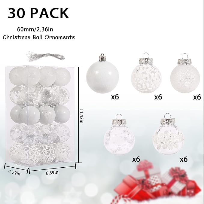 60mm/2.36inch Clear Christmas Ornaments, 30ct Shatterproof White Christmas Tree Ornaments Set Transparent Hanging Balls with Stuffed Decorations for Halloween