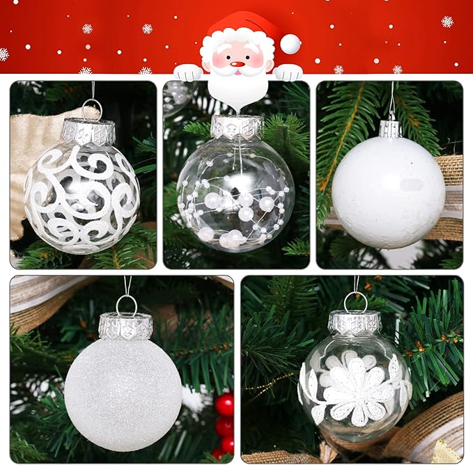 60mm/2.36inch Clear Christmas Ornaments, 30ct Shatterproof White Christmas Tree Ornaments Set Transparent Hanging Balls with Stuffed Decorations for Halloween