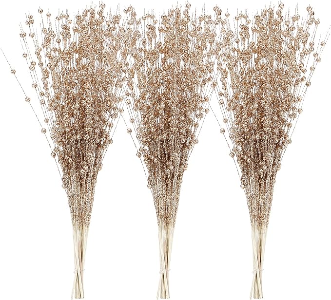 24-Pack Artificial Glitter Berry Stem Ornaments, Decorative Bead Sticks, Glittery Twigs, Picks, Branches for Christmas Tree,