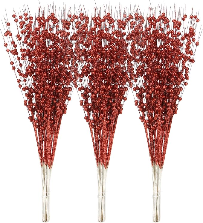 24-Pack Artificial Glitter Berry Stem Ornaments, Decorative Bead Sticks, Glittery Twigs, Picks, Branches for Christmas Tree,