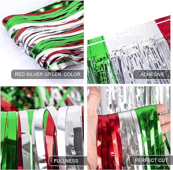 3 Pack Christmas Foil Fringe Curtains Christmas Party Decoration 3.3 x 6.6 ft Red Silver Green Tinsel Fringe Party Photo