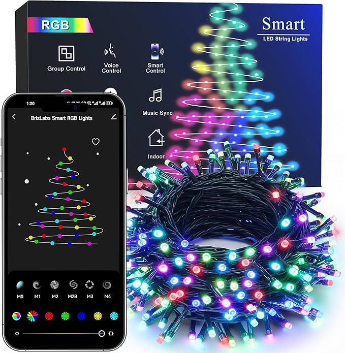 Brizled Color Changing Christmas Lights, 66ft 200 LED RGB String Lights with Remote, Dimmable Outdoor Christmas Lights