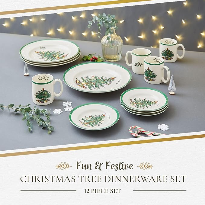 Christmas Tree 12-Piece Dinnerware Set (Service for 4) - Festive Holiday Tableware Collection with Plates and Mugs - Fine Earthenware Christmas Dinnerware -