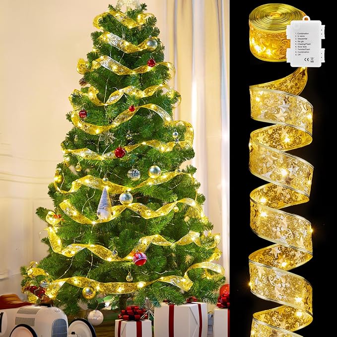 Christmas Tree Ribbon String Lights - 33ft 100 LED Battery Powered Fairy Lights with Timer and 8 Lighting Modes,