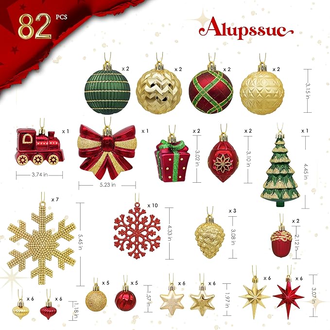 82pcs Christmas Balls Ornaments Set, Delightful Classic Gift Set Gift Set,