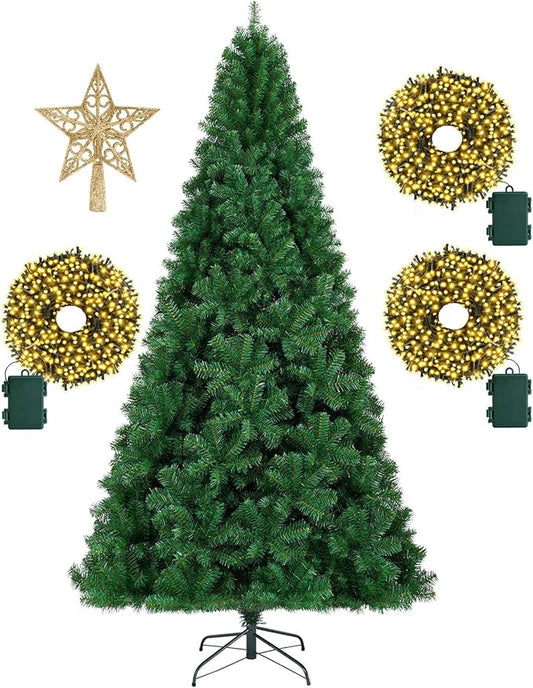 7.5ft Spruce Artificial Holiday Christmas Tree - lifelike green Christmas tree with 1,450 tree tips, 300 LED battery powered light posts - 7.87-inch gold pentacle, perfect for home, office party