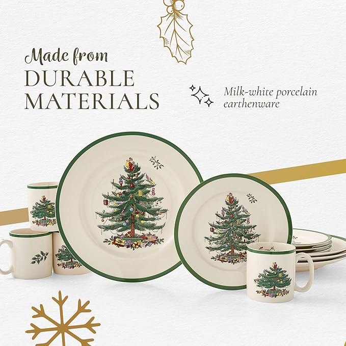 Christmas Tree 12-Piece Dinnerware Set (Service for 4) - Festive Holiday Tableware Collection with Plates and Mugs - Fine Earthenware Christmas Dinnerware -