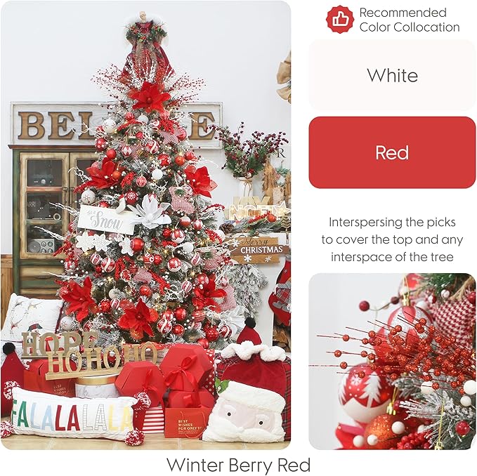 24-Pack Artificial Glitter Berry Stem Ornaments, Decorative Bead Sticks, Glittery Twigs, Picks, Branches for Christmas Tree,