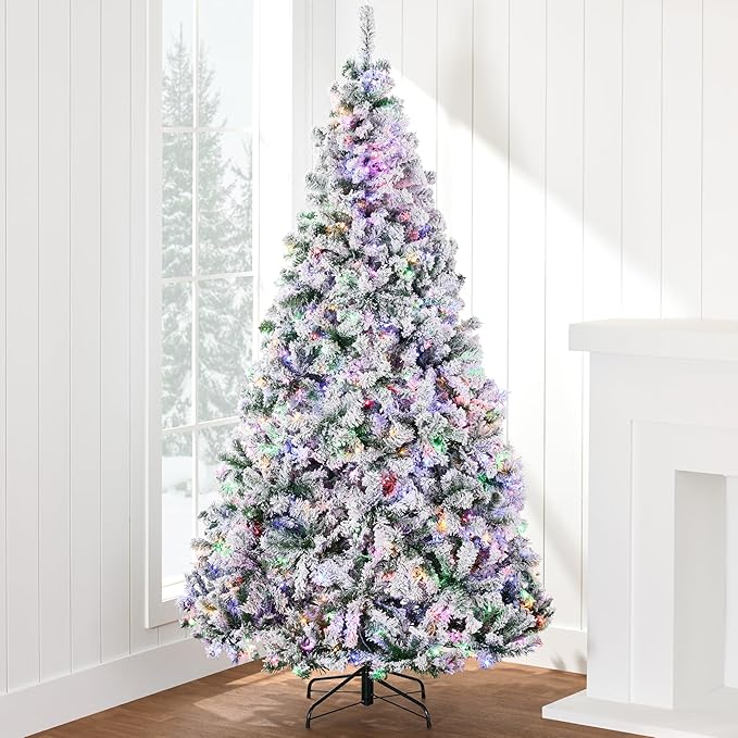 Best Choice Products Pre-Lit Artificial Christmas Tree, 7.5ft Snow Flocked Design Pine Tree