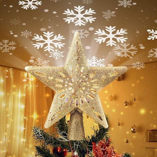 Christmas Star Tree Topper with Built-in Led Snowflake Projector Lights Hollowed Pentagram Tree