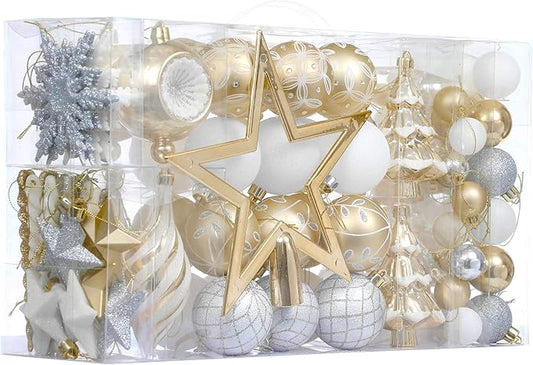 Valery Madelyn Christmas Ball Ornaments, 100ct White and Gold Shatterproof Christmas Tree Decorations Set