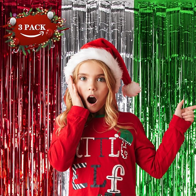 3 Pack Christmas Foil Fringe Curtains Christmas Party Decoration 3.3 x 6.6 ft Red Silver Green Tinsel Fringe Party Photo