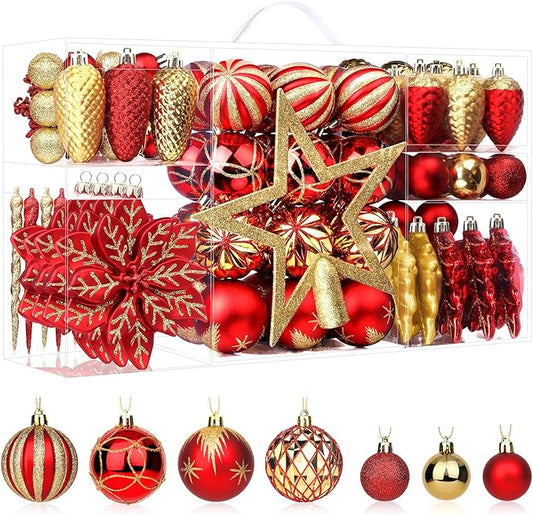 106PCS Christmas Balls Ornaments Set, Colorful Shatterproof Plastic Decorative Baubles