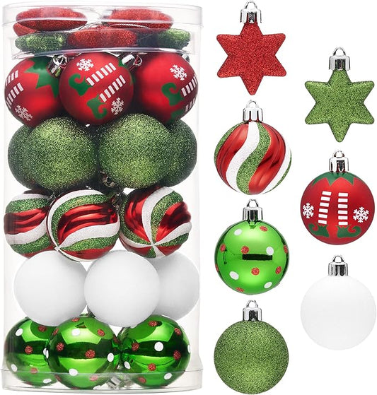 Christmas Ball Ornaments, 35ct Elf Red Green White Shatterproof Christmas Tree Decorations Set, 1.97 Inch