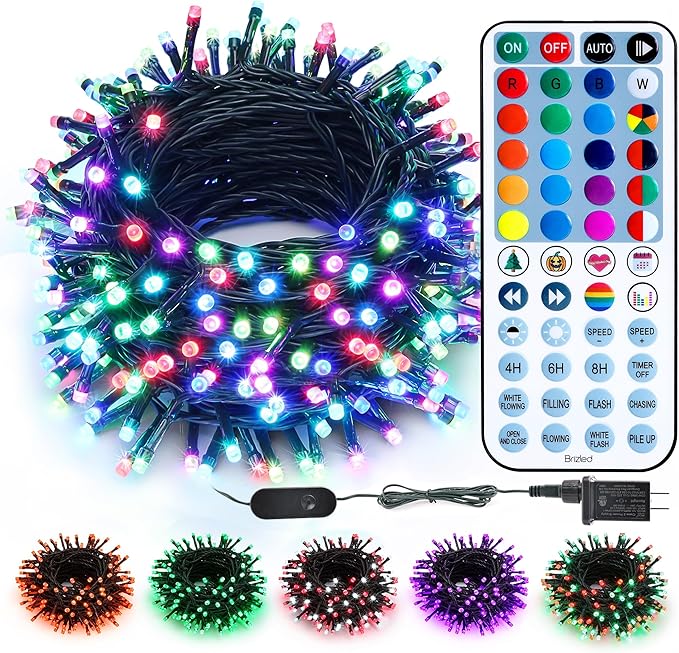 Brizled Color Changing Christmas Lights, 66ft 200 LED RGB String Lights with Remote, Dimmable Outdoor Christmas Lights