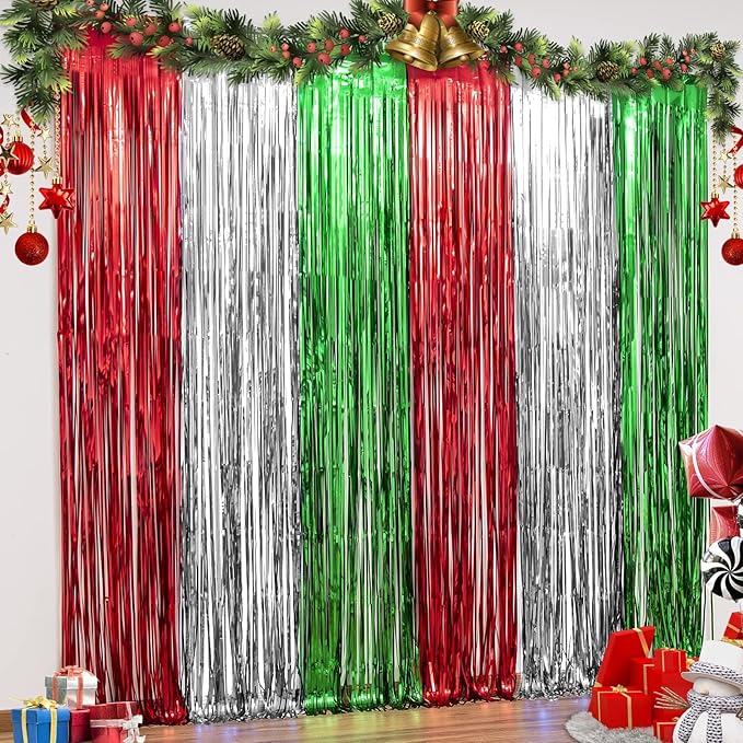 3 Pack Christmas Foil Fringe Curtains Christmas Party Decoration 3.3 x 6.6 ft Red Silver Green Tinsel Fringe Party Photo