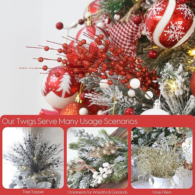 24-Pack Artificial Glitter Berry Stem Ornaments, Decorative Bead Sticks, Glittery Twigs, Picks, Branches for Christmas Tree,